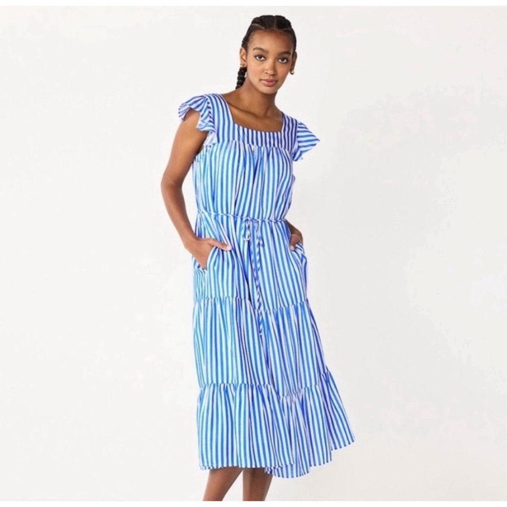 Draper James RSVP Blue White Striped Tiered Midi Dress Ruffle Sleeve Small